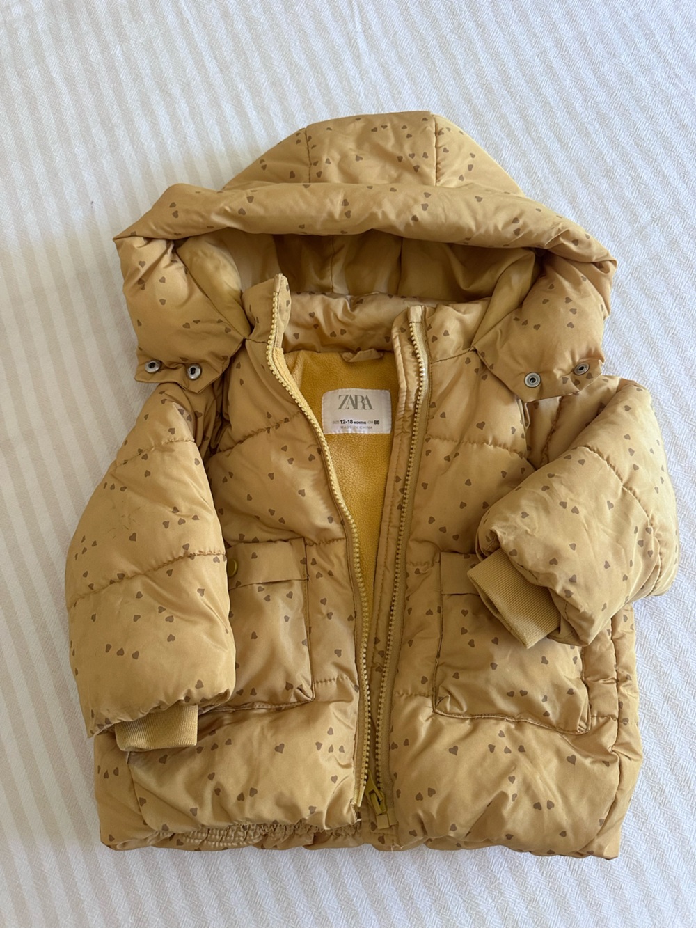 Zara Mustard Heart-Print Puffer Jacket